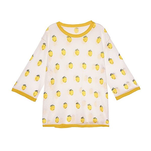 

women white pineapple print knitted see through thin half sleeve t-shirt b0322 210514