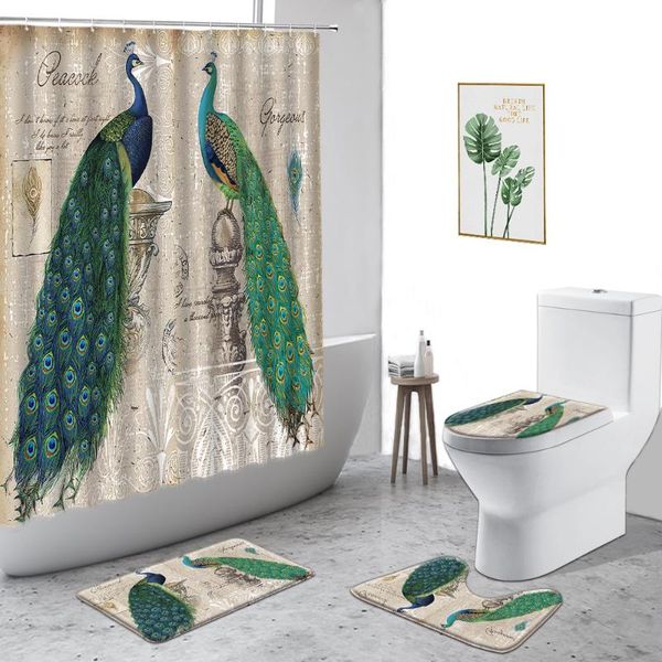 

shower curtains 3d peacocks printing waterproof curtain beautiful animal bathroom 4piece set anti-slip carpet toilet cover bath