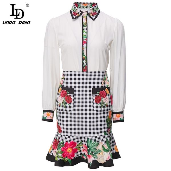 Herbst Mode Anzug Frauen Langarm Weiße Blusen und Slim Plaid Print Vintage Meerjungfrau Röcke 2 Zwei Stücke Set 210522