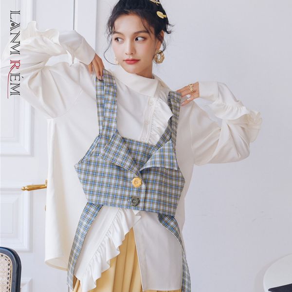 

white shirt with plaid vest women's spring and summer long sleeve large size shirts irregular fashion clothes 2d1441 210507