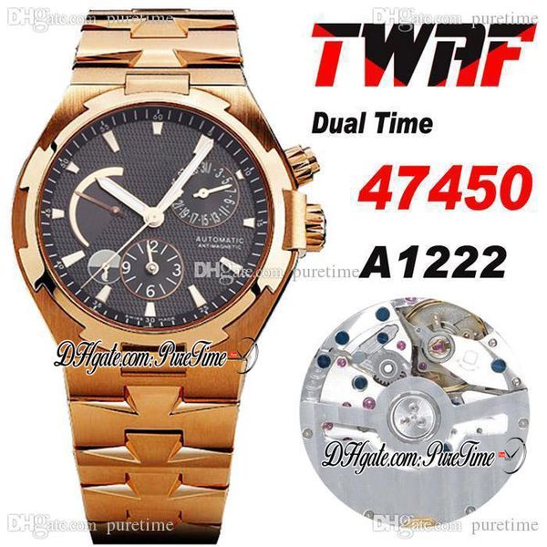 

twaf overseas dual time 47450 a1222 automatic mens watch 18k rose gold power reserve black dial stick stainless steel bracelet super edition, Slivery;brown
