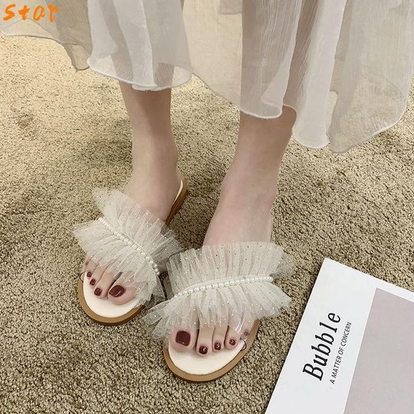 

slippers women's summer wear 2021 flat-bottomed mesh sandals lace soft bottom pearl flip-flops casual, Black