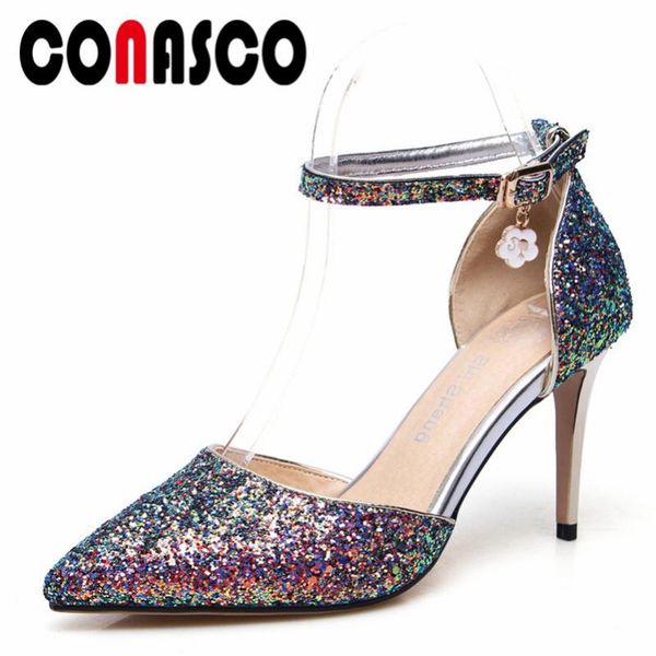 

fashion women ankle strap pumps pointed toe high heels shoes spring autumn glitters party wedding woman dress, Black