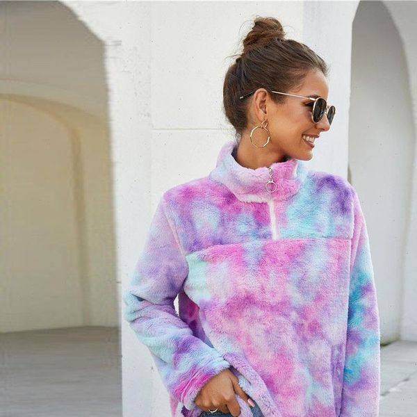 

women sweater sherpa fleece rainbow gradient fluffy zipper pullover female winter warm chic party teddy sweaters, White;black