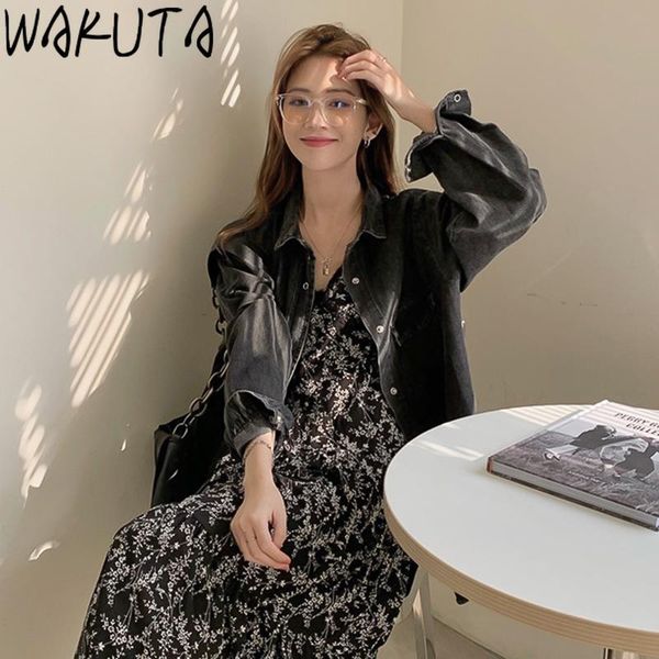 

grey denim jeans women's jacket turn-down collar long sleeve jackets female 2021 fashion clothing all match streetwear, Black;brown