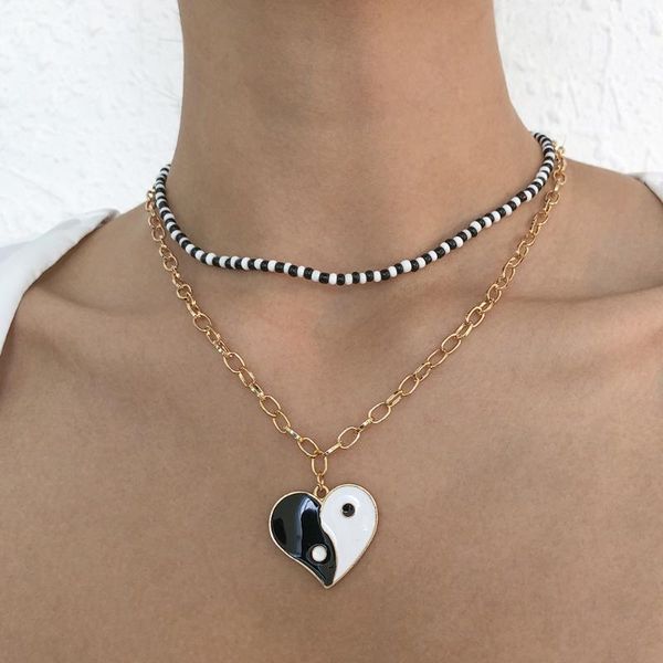 

chokers ethnic heart gossip pendant necklace white black mini beads necklaces women double layer collar clavicle chain jewelry, Golden;silver