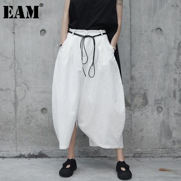 

[eam] spring autumn womens capris high waist drawstring white loose big size wide leg pants women trousers tide jr505, Black;white