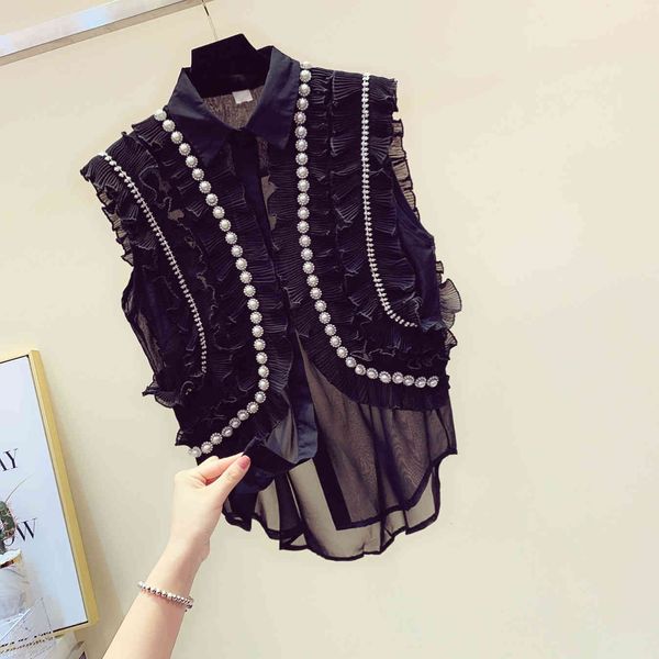 

blouses fungus ruffle diamond beaded chiffon women's summer retro sleeveless blouse ladies shirt femme blusas mujer, White