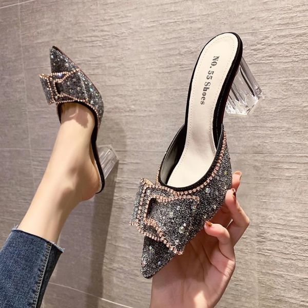

sandals fashion slippers shoes pointed high heels rhinestone for women party thick heel women's lolita, Black