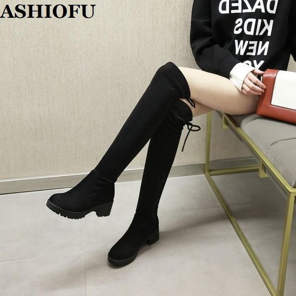 

boots ashiofu handmade women's mid-heel party prom real pos over-knee winter evening fashion long shoes, Black