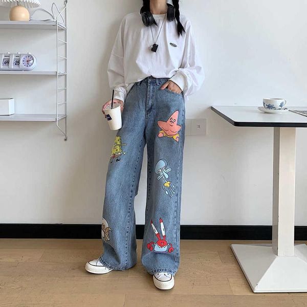 

women's jeans fashionable hip hop cartoon breeches release rock harajuku fall high street funny streetwear pants, Blue