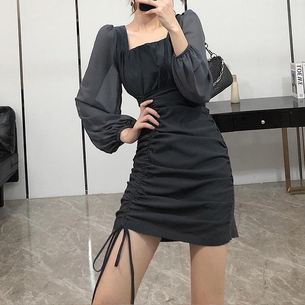 

casual dresses bodycon dress korean full sleeve bandage fashion square collar black one-piece lady party club clothes fall, Black;gray