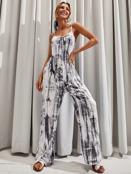 

luukse tie dye low back wide leg slip jumpsuit k9g9#, White