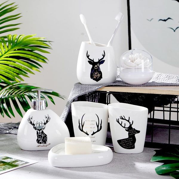 

bath accessory set christmas home decoration ceramic bathroom six-piece kit nordic deer pattern china toothbrush cup wash melamine tray cott