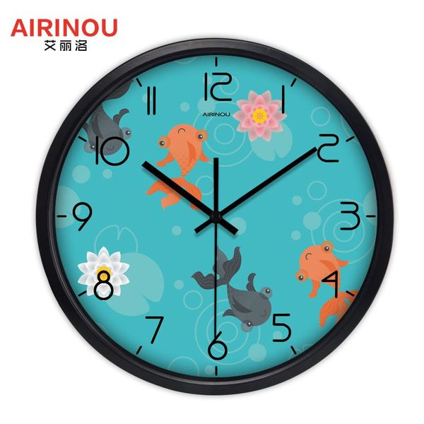 

wall clocks airinou cartoon gold fish in the lotus pond design quartz clock glass silent living room home decor