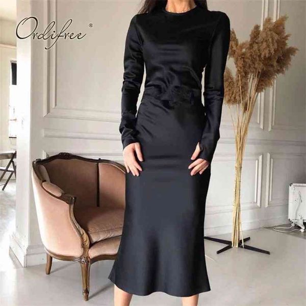

spring autumn women stain dress plue size silk shiny long sleeve streewear party pencil large xxl 210513, Black;gray