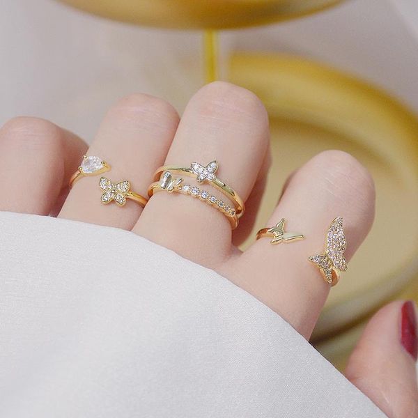 

cluster rings 4pcs exquisite tiny 14k real gold open design ring for femme adjustable micro inlaid zircon anillos bague bijoux, Golden;silver