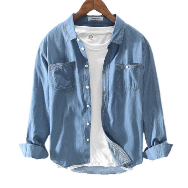 

men casual denim shirt 100% pure cotton solid long sleeve cowboy male turn-down collar blue vintage clothing 210601, White;black