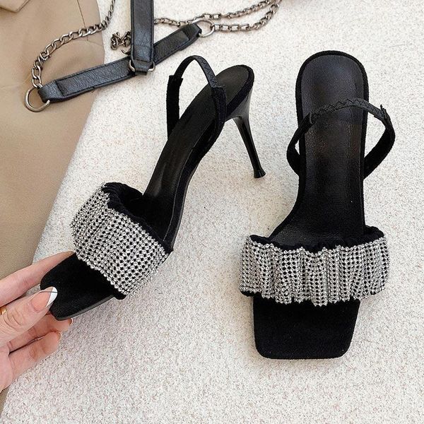 

dress shoes female rhinestone slim high heel one line sandals 2021 summer european and american square toe buckle women's fashion, Black