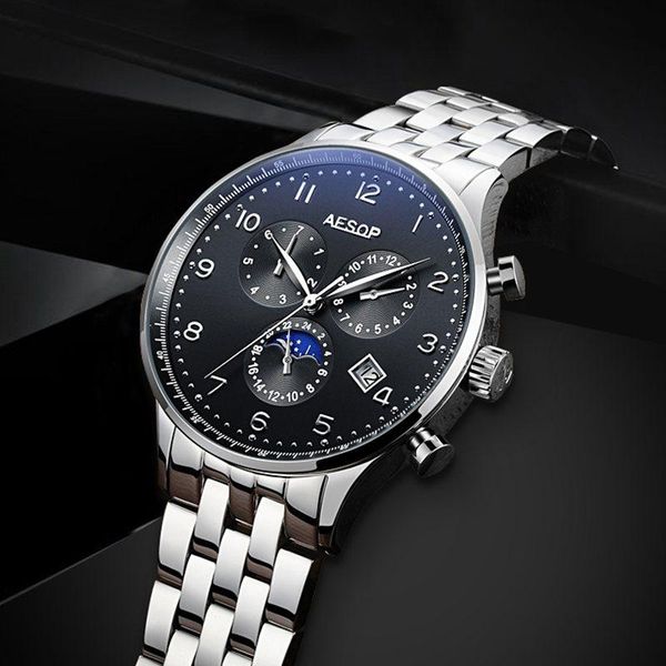 

wristwatches aesop 2021 automatic mechanical watches moon phase date week men wristwatch waterproof sapphire glass reloj hombre, Slivery;brown