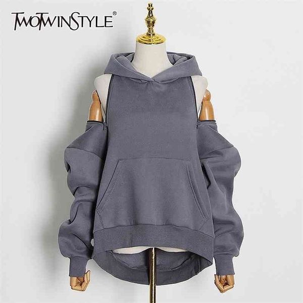 

twotyle casual solid sweatshirt for women hooded collar long sleeve hollow out minimalist sweatshirts female fashion fall 210816, Black