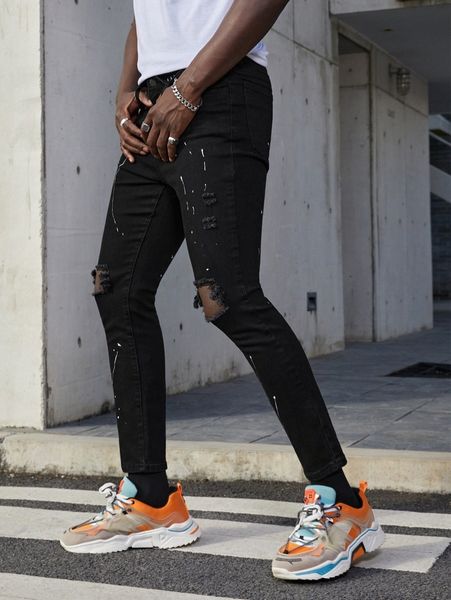 

men brush stroke print zipper fly ripped jeans h4og#, Blue