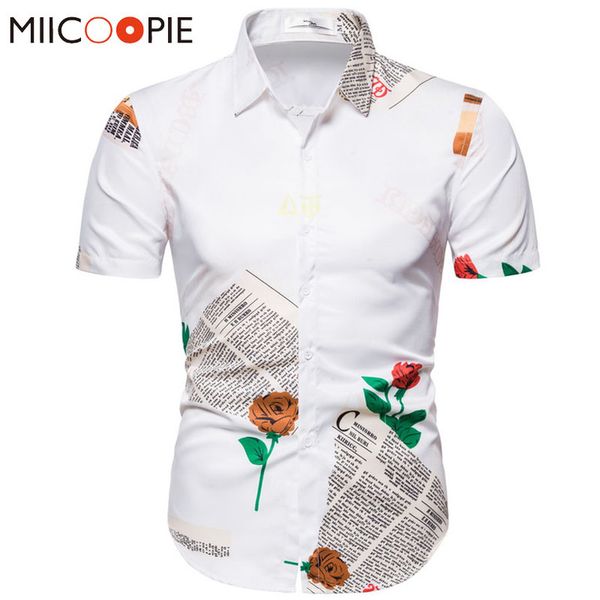 

vintage white shirt men short sleeve summer rose floral letter print chemises steampunk shirt mens causal vacation streetwear kg-222, White;black