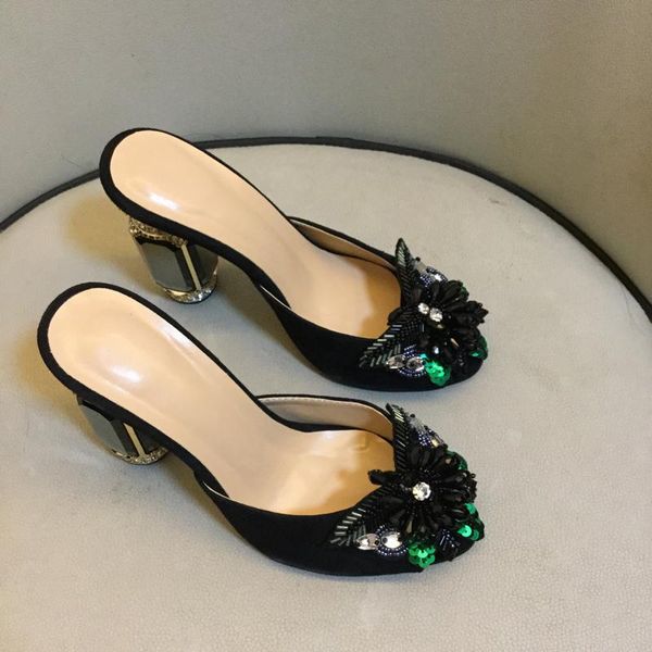 

slippers prowow 2021 fashion women's shoes glass rhinestones, Black