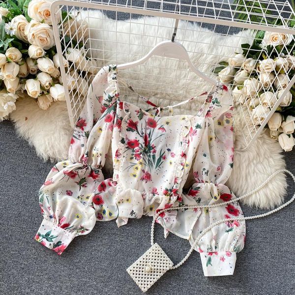 

women's blouses & shirts ftlzz arrival women vintage floral square collar slim chiffon female printing ruffles puff sleeve backless, White