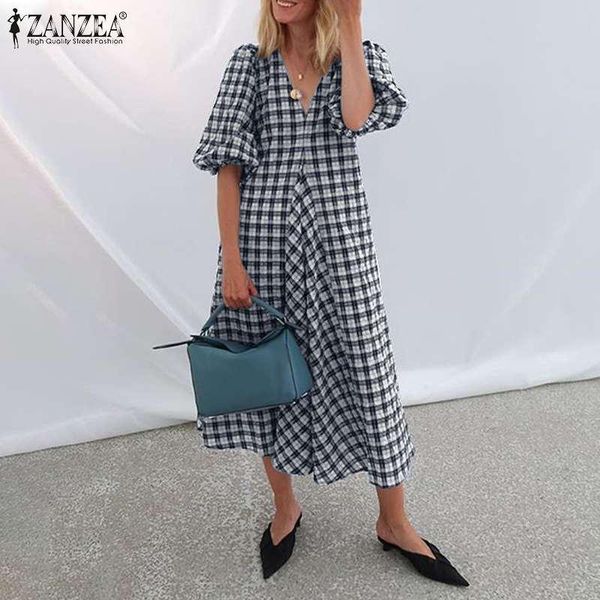 

elegant v neck half sleeve plaid checked sundress women summer vintage holiday vestidos robe female party mid-calf dress casual dresses, Black;gray