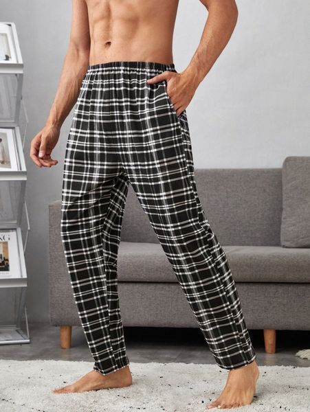 

men plaid print slant pocket pajama pants i6kf#, Black;brown