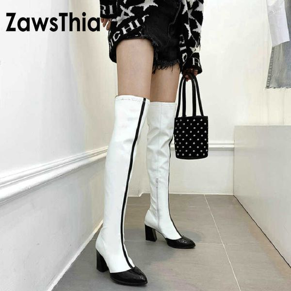 

zawsthia winter patent pu leather white contrast color block high heels woman shoes over the knee high boots overknees 210611, Black