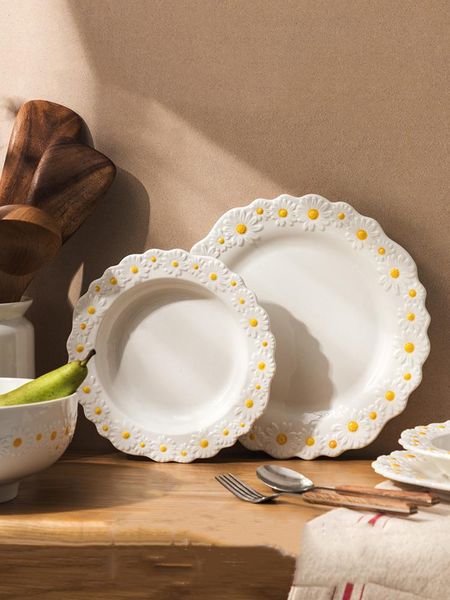 

dishes & plates ceramic embossed daisy dinner set plate and household soup bake bowl creative crockery tableware