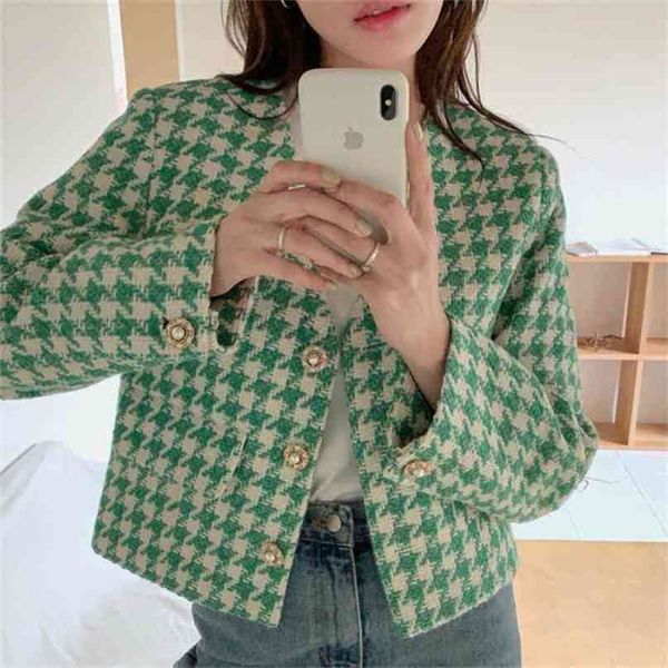 Frauen Vintage Houndstooth Kurze Jacken Herbst Koreanische Eleganz V-Ausschnitt Lose OL Geerntete Weibliche Mäntel Casual Outwear Tops 210922