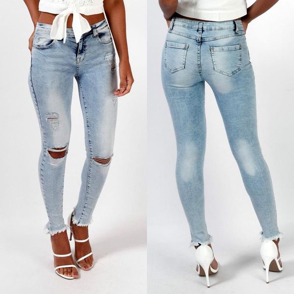 

ripped knee hole slim pencil jeans stretch women combinaison pantalon burr denim pants woman calsas feminina women's, Blue