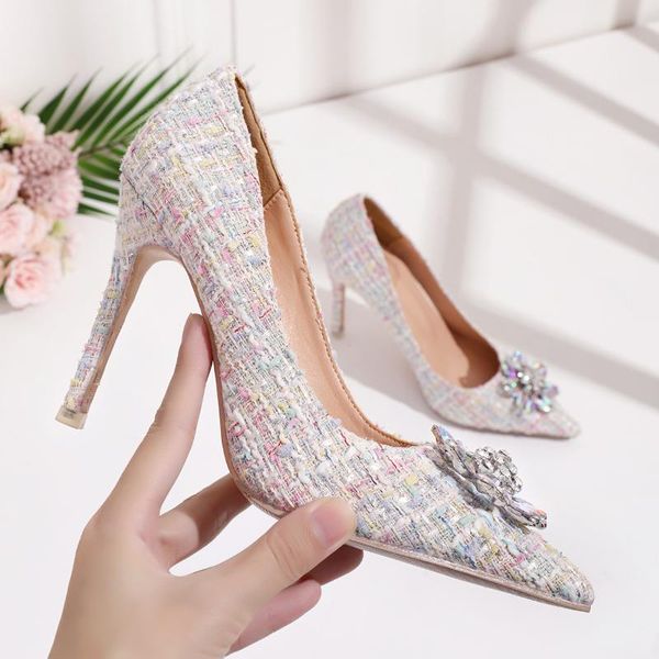 

dress shoes wed2021 high decent crystal heel color woven plaid wool pink gift light mouth rhinestone pointed, Black