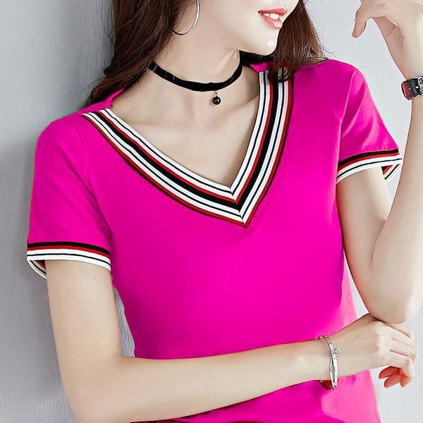 

women's t-shirt 50% cotton t shirt woman fashion v neck summer short sleeve korean style plus size 2021 women shirts, White