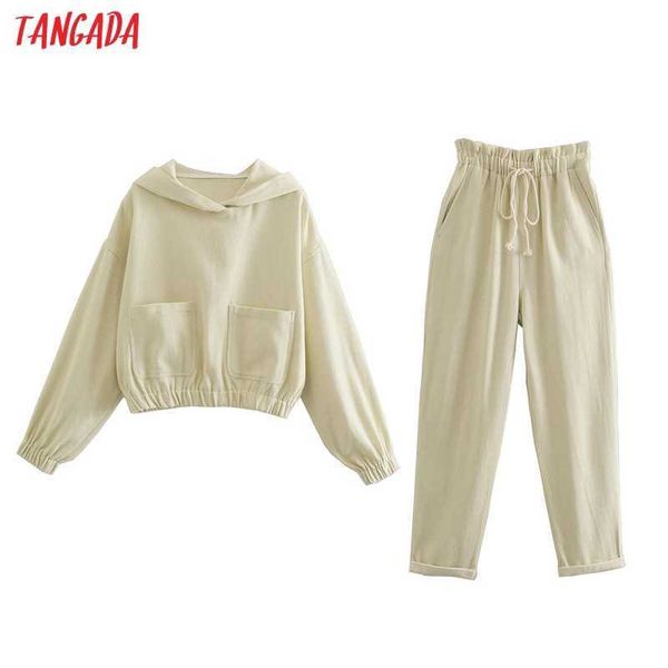 Tangada Mulheres Tracksuit Sólida Colheita Bege Chapas Suéter e Calças Terno 2 Peças De Conjuntos Ternos QD32 210609