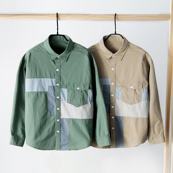 

men's casual shirts 1250 cargo cotton autumn japan style vintage stitching color pocket single-breasted long sleeve thin coats, White;black