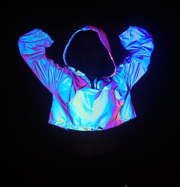 

women's long sleeve crop hoodies buckle summer cover ups reflective rainbow holographic thin short down coat, Black