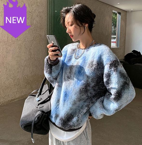 

fleece pullover sweatshirt korean blue winter clothes women tie dye shearling fur hoodie crewneck oversized women's hoodies & sweatshir, Black
