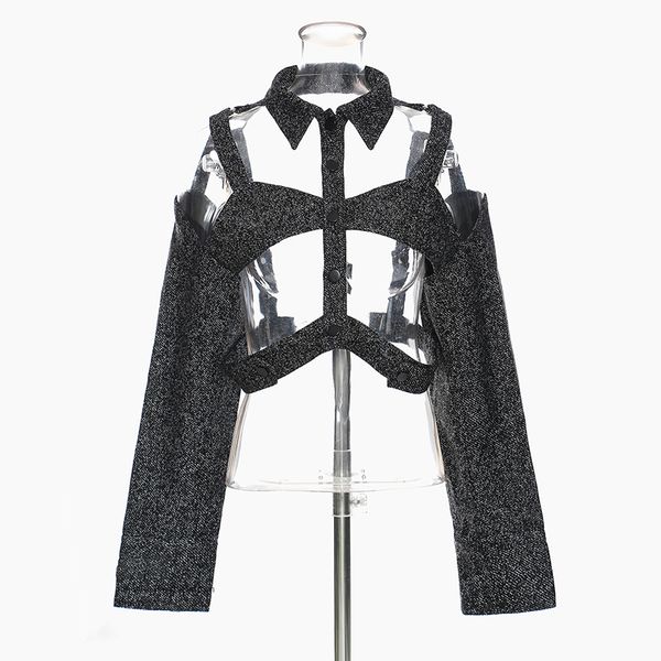 

hoodie hollow out shirt for women lapel long sleeve casual solid short blouse female 2021 fashion clothing spring tide, Black