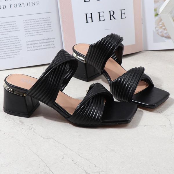 

dress shoes 2021 summer style simple and small folds pull-on sandals slippers, comfortable to wear female, Black