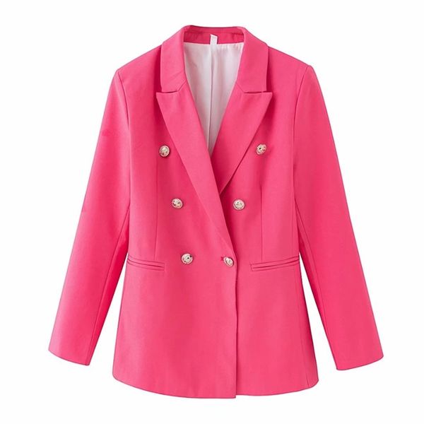 Elegante Damen-Blazer mit Knöpfen, schick, Büro-Damen-Taschenjacken, lässige weibliche schlanke gekerbte Anzüge, solide rosa Mädchen-Sets 211006