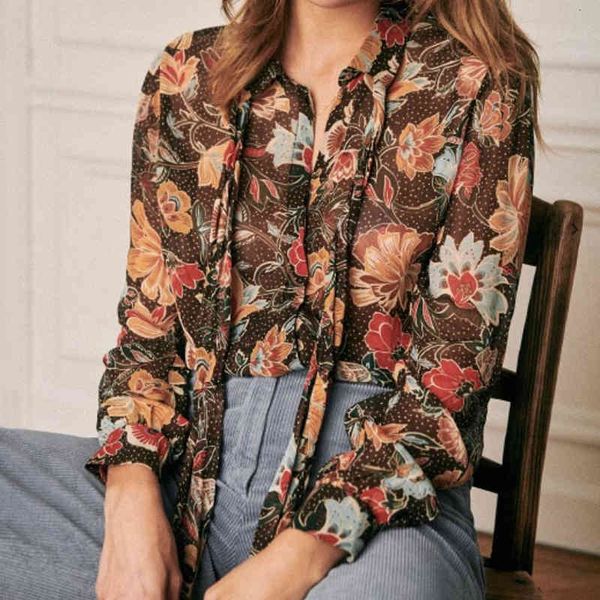 

blouses floral print shirt summer casual neck tie long sleeve button up chiffon blouse vintage elegant women shirts autumn, White