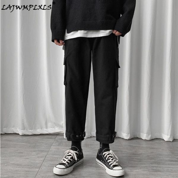 

men's pants all-match ulzzang casual loose pockets elastic waist solid simple plus size 3xl ins adjustable mens korean style harajuku, Black