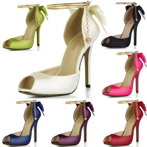 

chau ivory satin bridal wedding patry shoes women peep toe thin high heel chain bowknot lady pumps zapatos mujer 0640c-k9 dress, Black