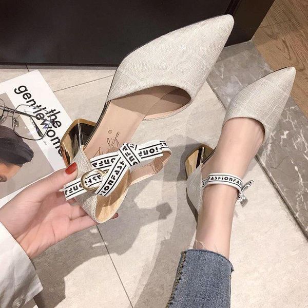 

dress shoes 2021 spring and summer retro lattice word buckle belt hollow pointed shallow mouth single square heel high women, Black