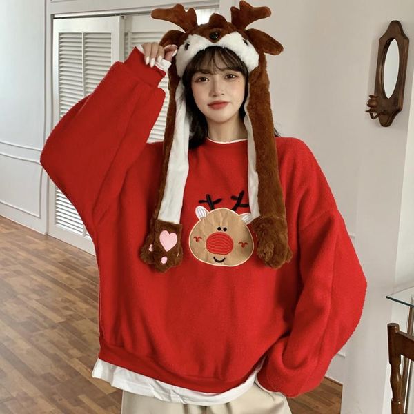 

women's hoodies & sweatshirts women 's hoodie christmas jumper red cartoon deer year kawaii loose round neck pullover streetwear w, Black