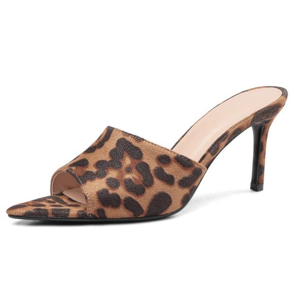 

slippers genuine leather mules shoes women high heel summer leopard print peep toe real slides sheepskin sandles, Black